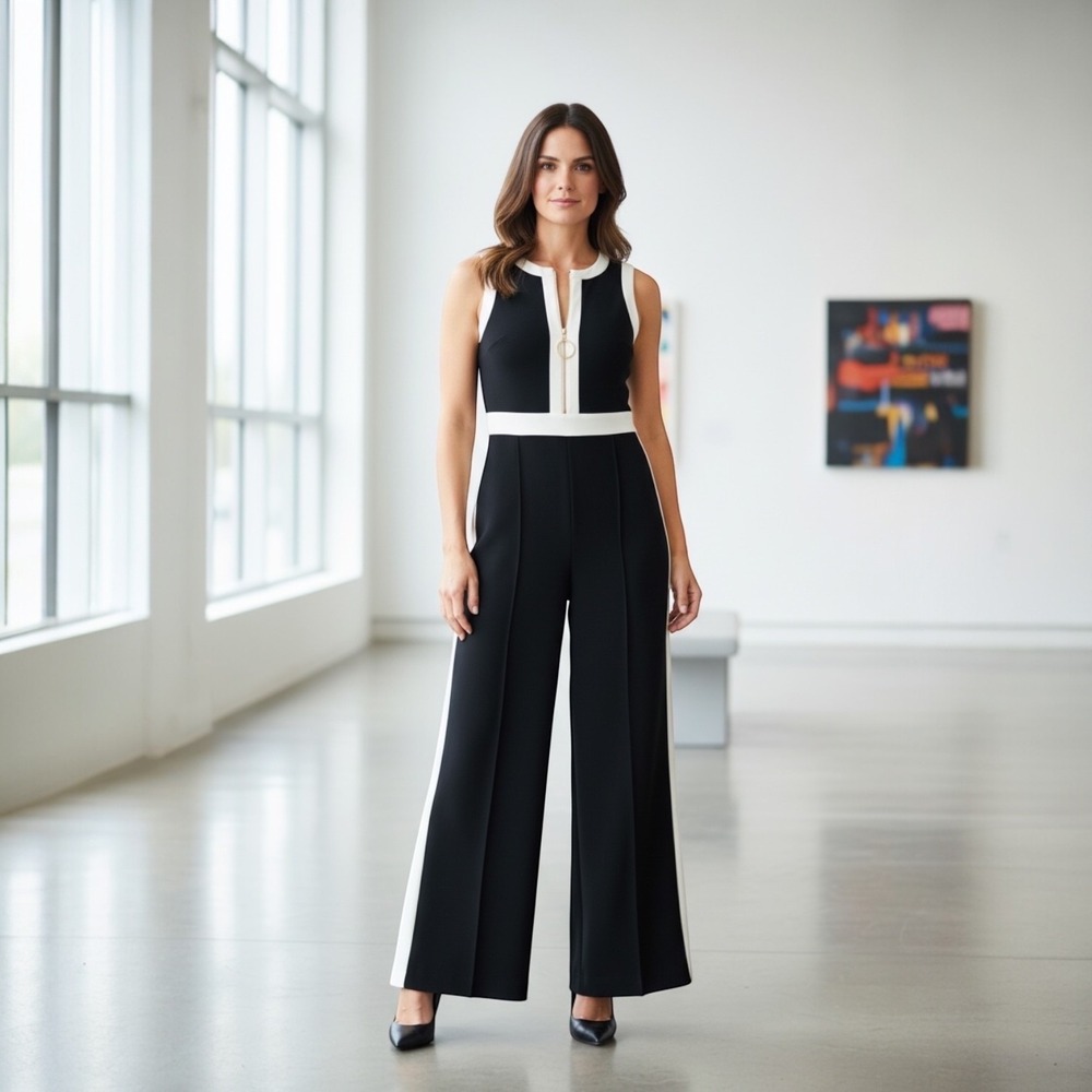 Joseph Ribkoff Designer Contrast Trim Wide Leg Jumpsuit w/ Gold Ring Zipper‎